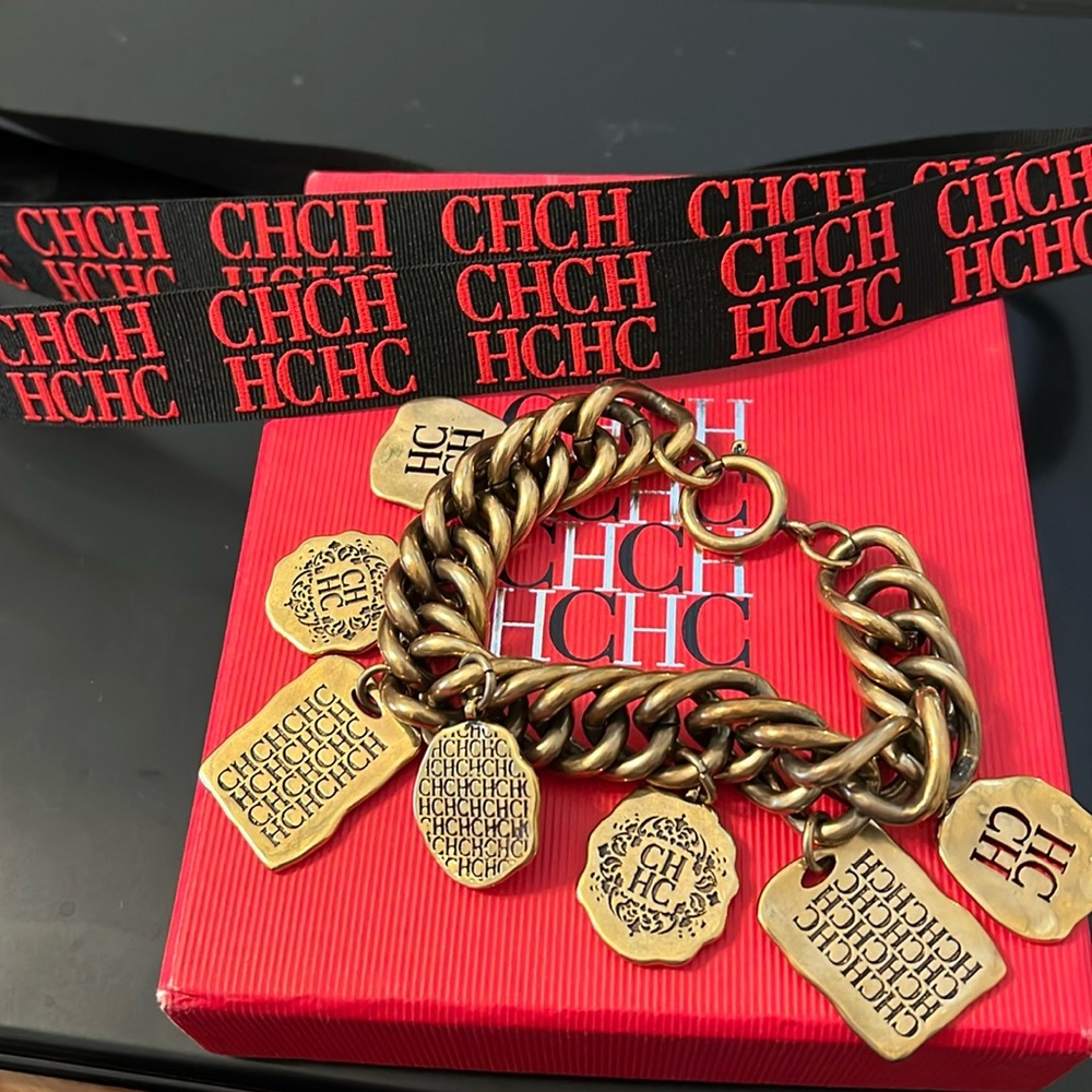 Carolina Herrera Gold Charm Link Bracelet with Red Accents